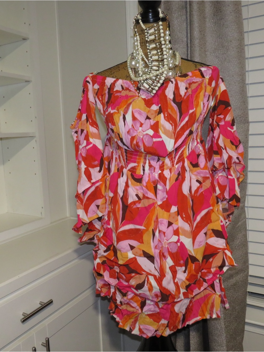 Forever 21 Pink Orange Multi-Color Floral Off-Shoulder Mini Dress